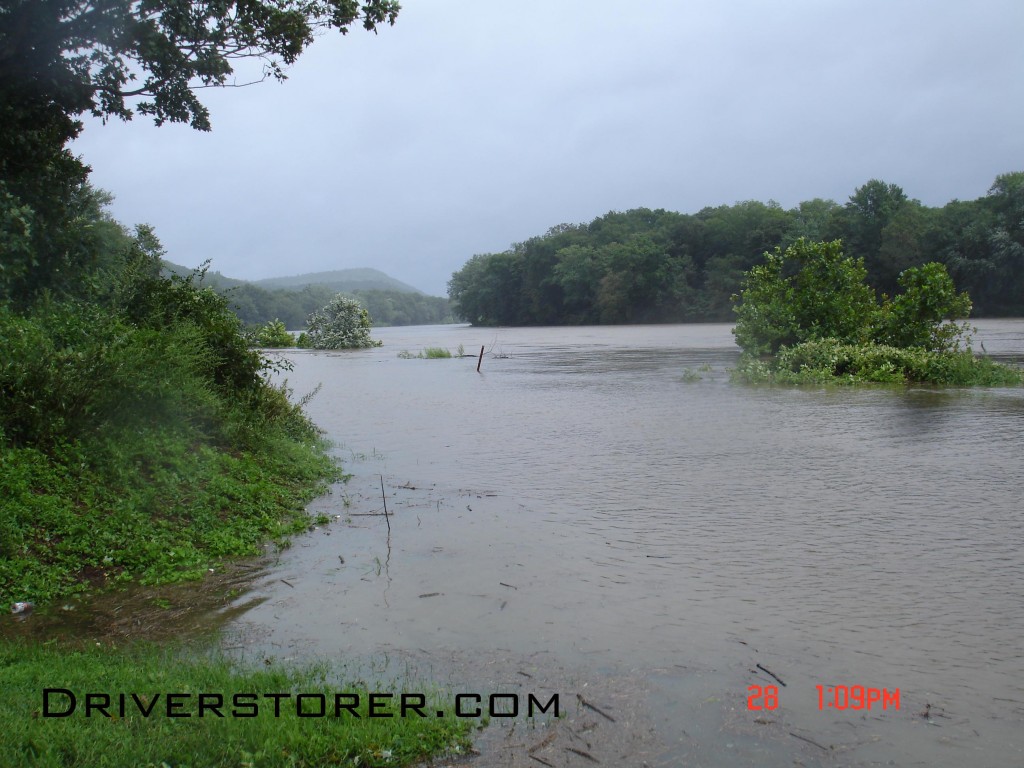 A north facing view of the Delaware River from the Bushkill access point, 15 miles north of the Delaware Water Gap