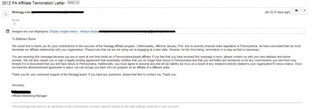 Newegg response to PA internet sales affiliate