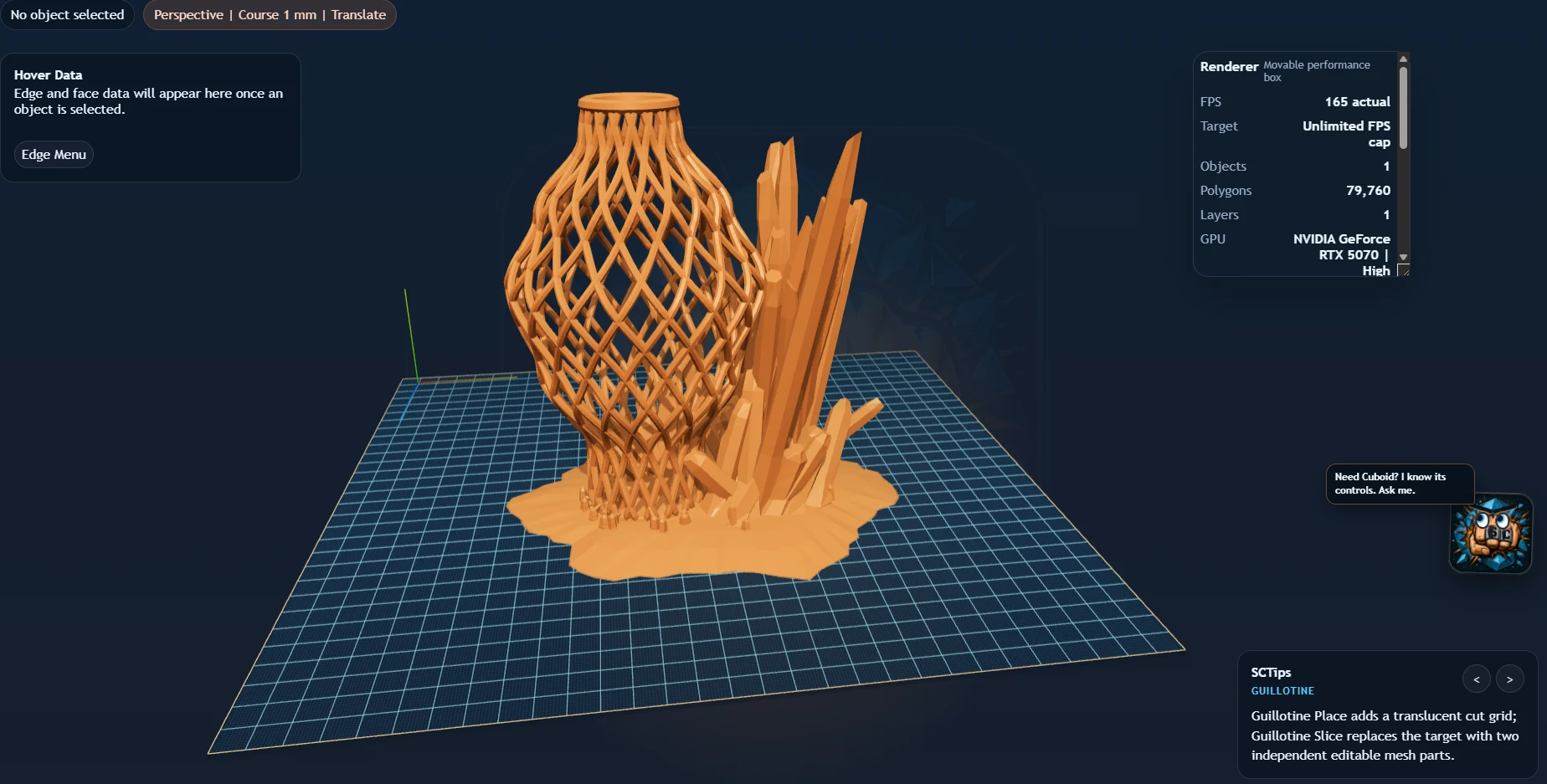 STORERCAD crystal vase and crystal formation shown in the print-first CAD workbench